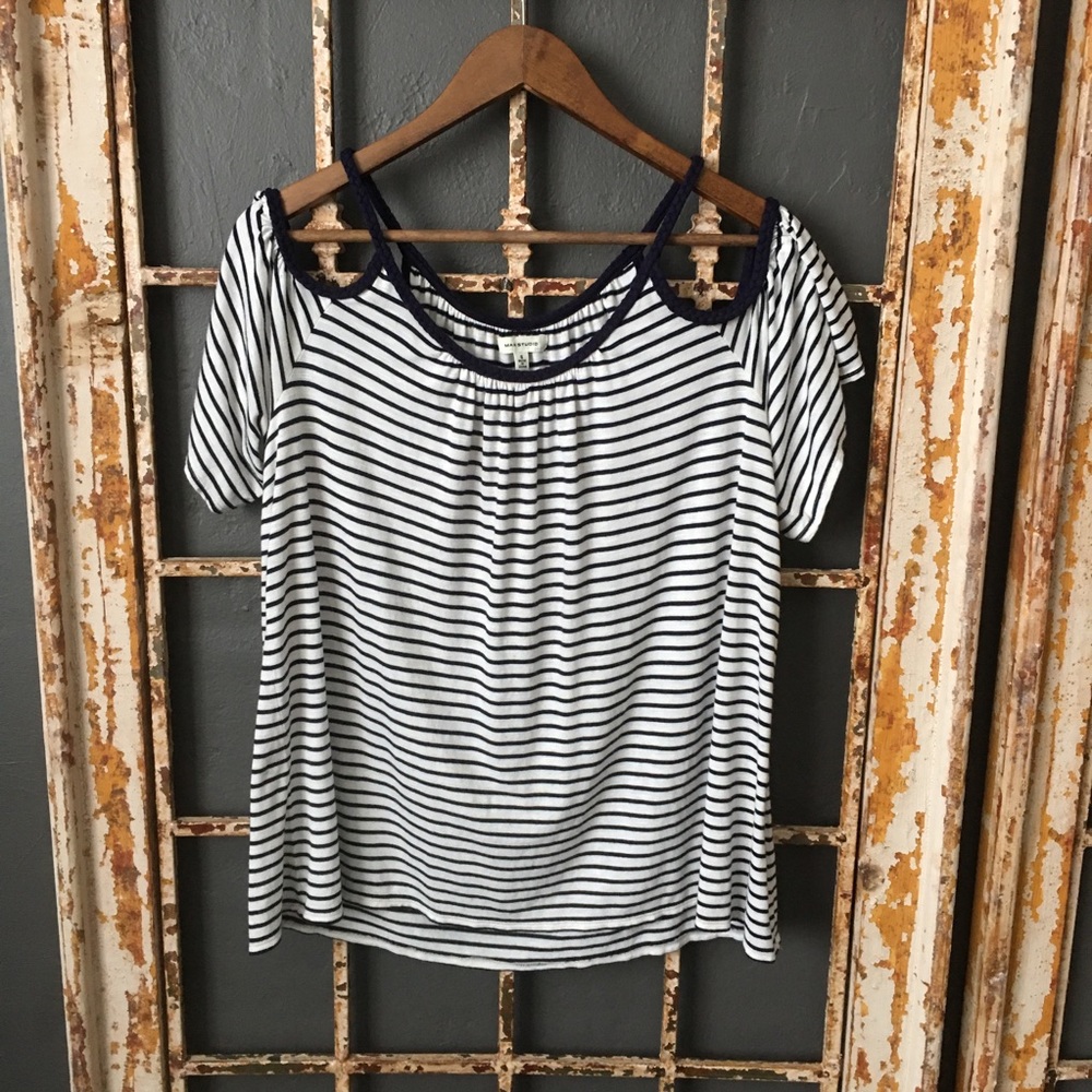 Max Studio Navy White Striped Cold Shoulder Top Sm